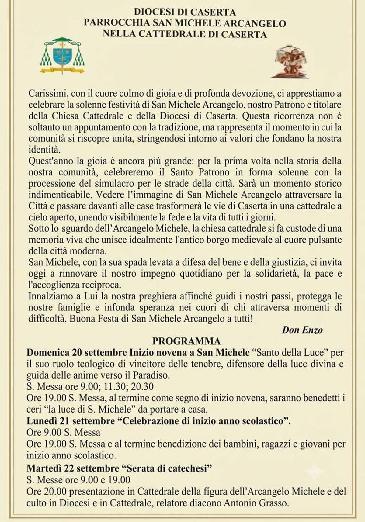 Locandina della festa patronale con la lettera di don Enzo alla comunità